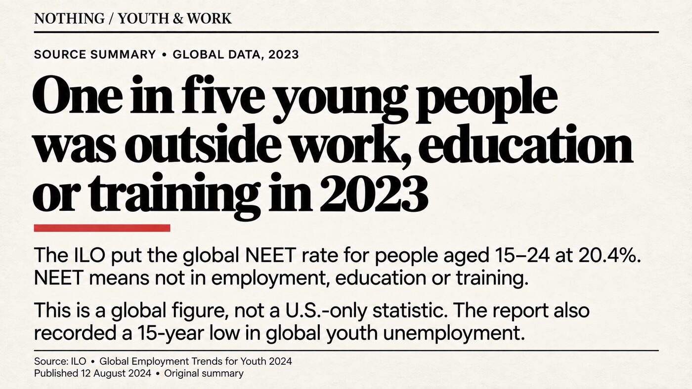 Source summary card: One in five young people was outside work, education or training in 2023. The ILO put the global NEET rate for ages 15–24 at 20.4 percent. A global figure, not U.S.-only; the same report recorded a 15-year low in global youth unemployment. Source: ILO Global Employment Trends for Youth 2024.