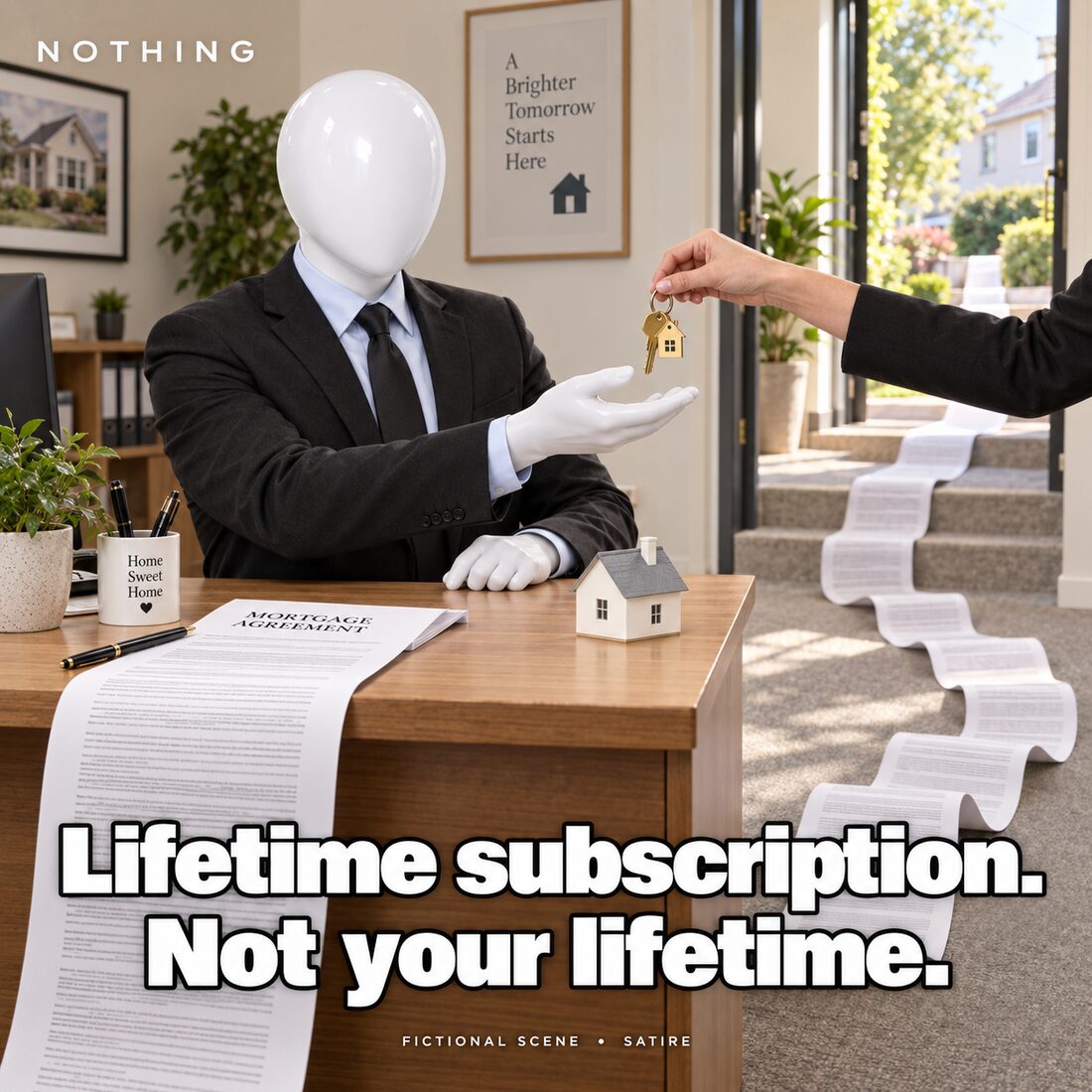 Satirical scene: a faceless mannequin in a suit receives house keys across a desk with a mortgage agreement unrolling endlessly out the door. Caption: Lifetime subscription. Not your lifetime. Labeled fictional scene, satire.