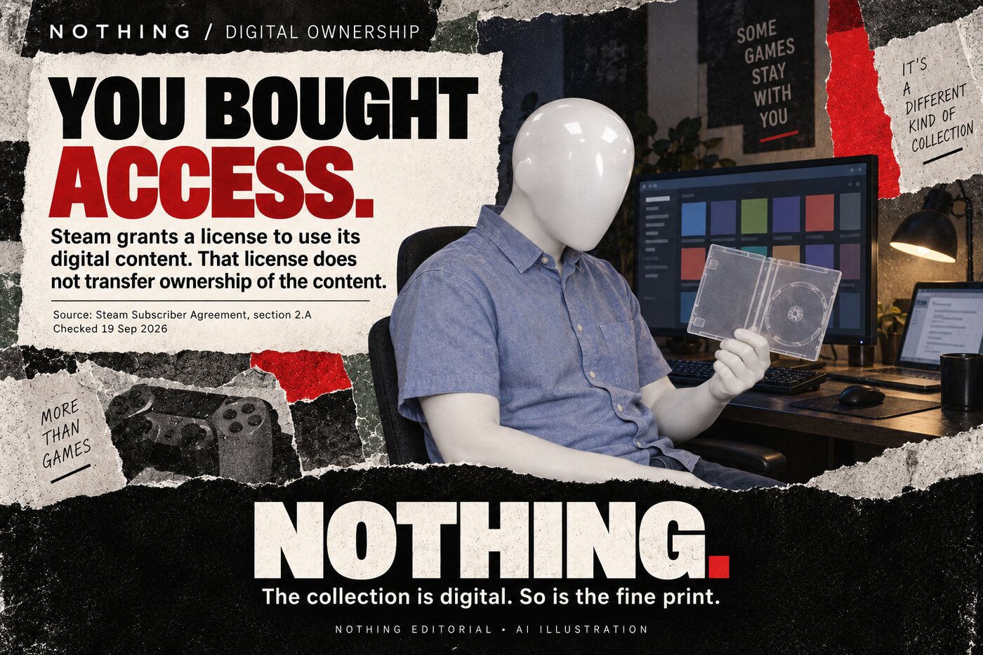 Collage poster: a faceless mannequin at a desk holds an empty disc case in front of a screen of game tiles. Headline: You bought access. Steam grants a license to use its digital content; that license does not transfer ownership. Large wordmark: NOTHING.